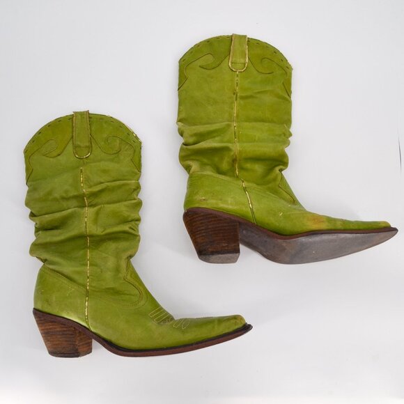 Vintage Shoes - Vintage Slouchy Cowboy Boots Mid Calf Western Leather Cowgirl Green Womens 7.5 8